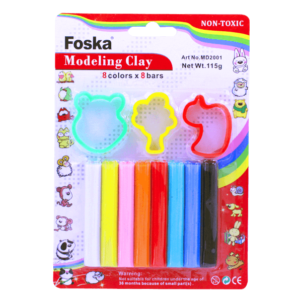 Pâte à Modeler Foska – 8 Couleurs, 115g avec 3 Moules (MD2001)