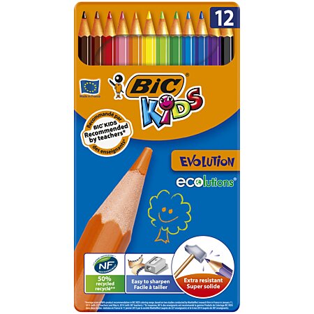 BIC - Crayons de Couleur Kids Evolution - Boîte Métal de 12/18