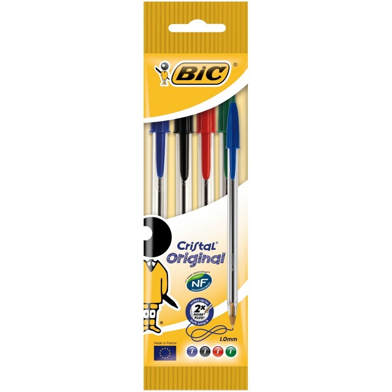 BIC - Lot de 4 Stylos à Bille Cristal Medium (1 mm)