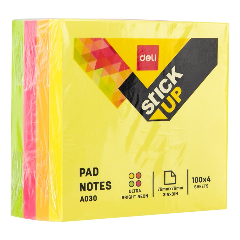 Stick Notes Ultra Bright Neon – 400 Feuilles 76x76mm (Deli)