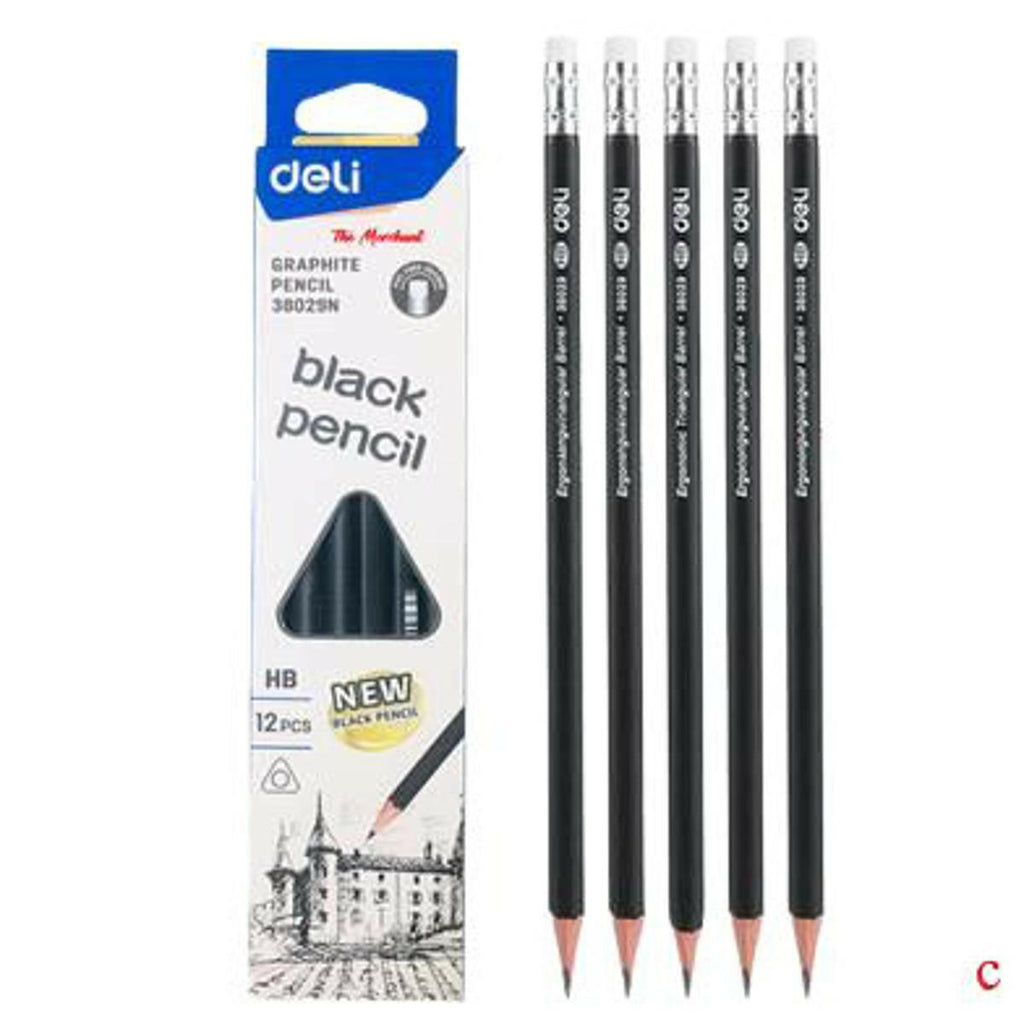 CRAYON NOIR ERGONOMIQUE TRIANG HB AVEC GOMME [PQT12] REF E38029 DELI (2880).