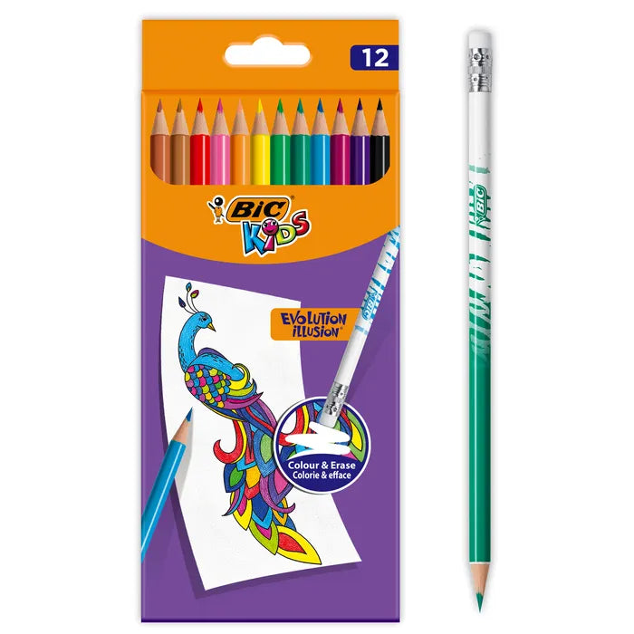 BIC - Kids Evolution Illusion - 12 Crayons de Couleur Effaçables