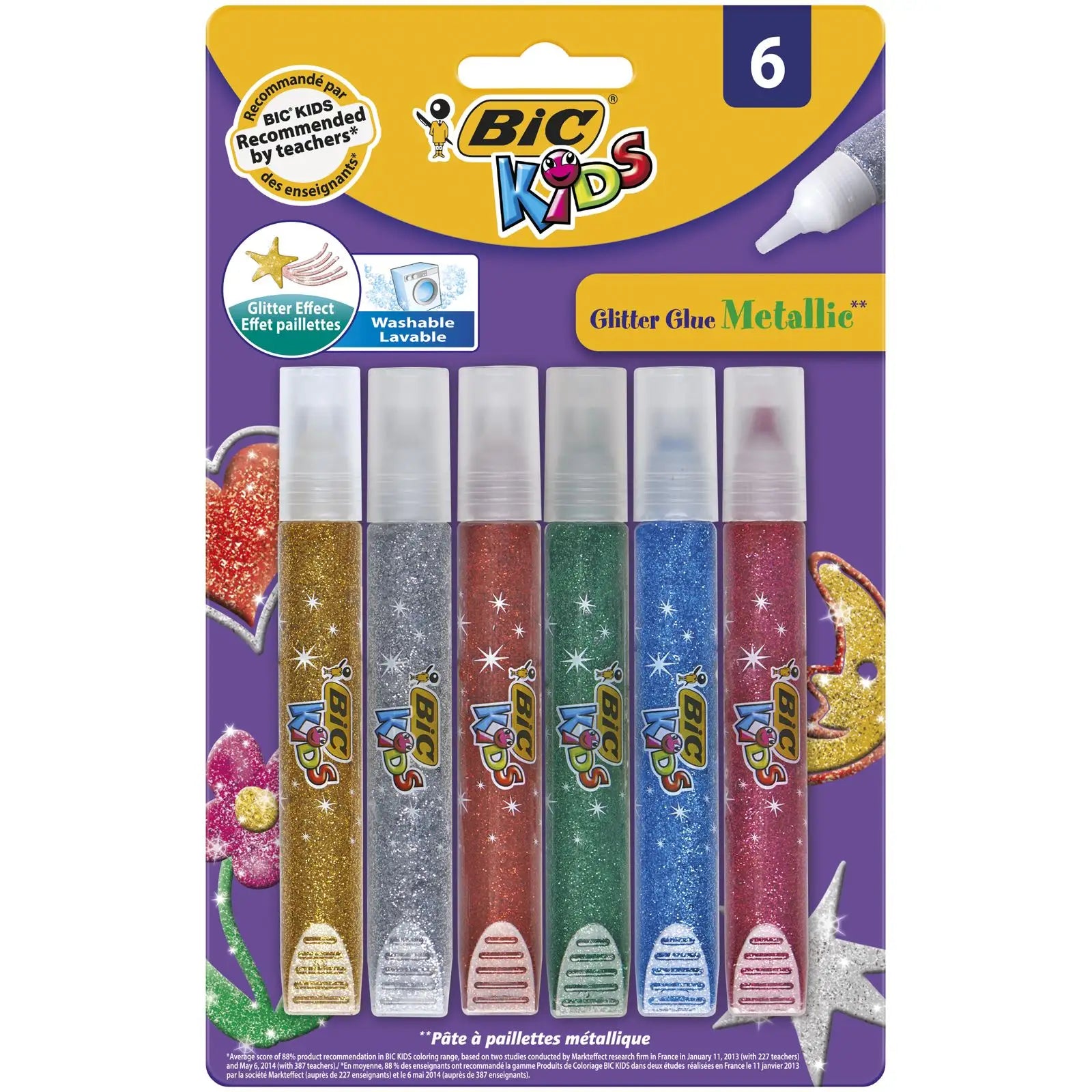 BIC - Colle Pailletée Colorée Métallique - Assortiment de 6 Tubes.