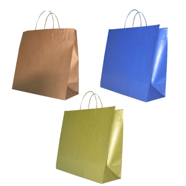 SAC EN KRAFT BLEU METAL/BRONZE/DORE AVEC POIGNEE TORSADEE 330-120*410