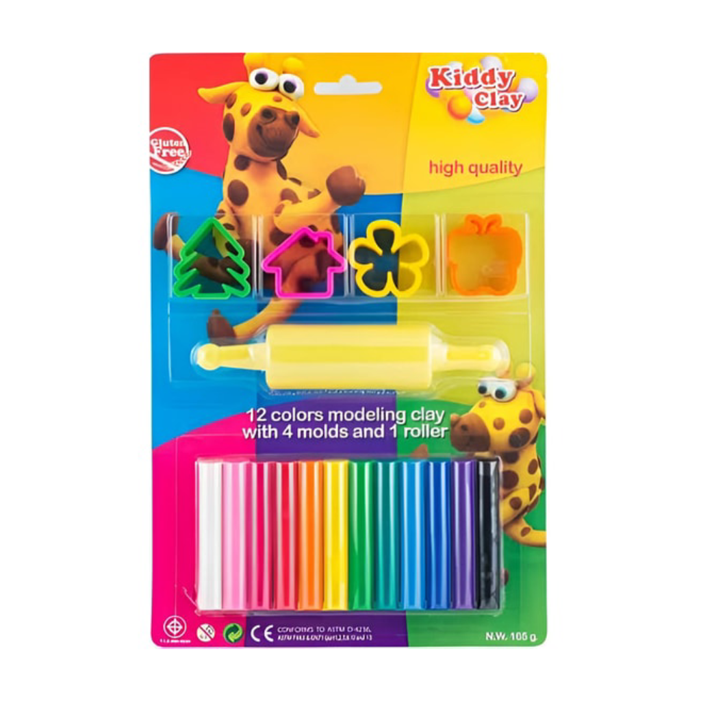 Pâte à Modeler 12 Couleurs + 4 P Moulages Kiddy Clay.