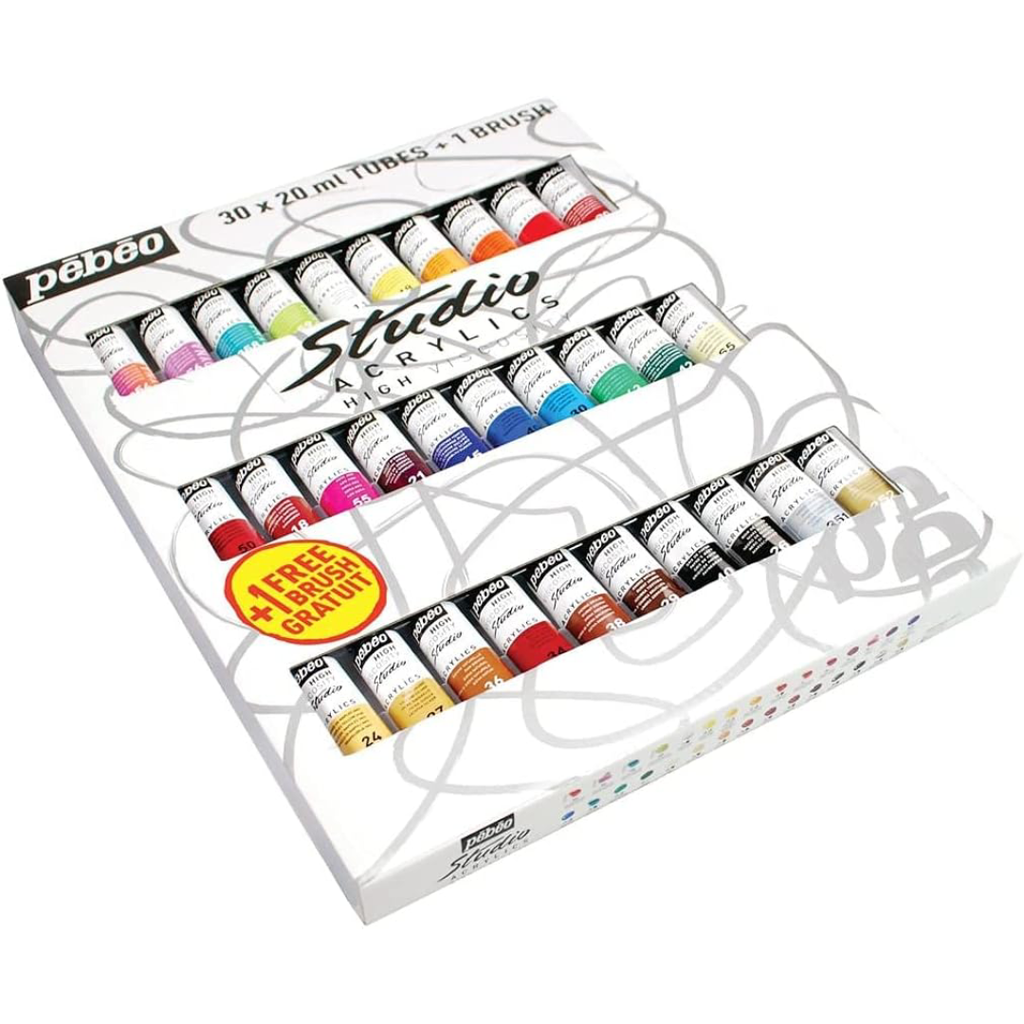 Étui 30 Tubes de 20ML Acrylique Fine + Pinceau – Studio Acrylics Pébéo.