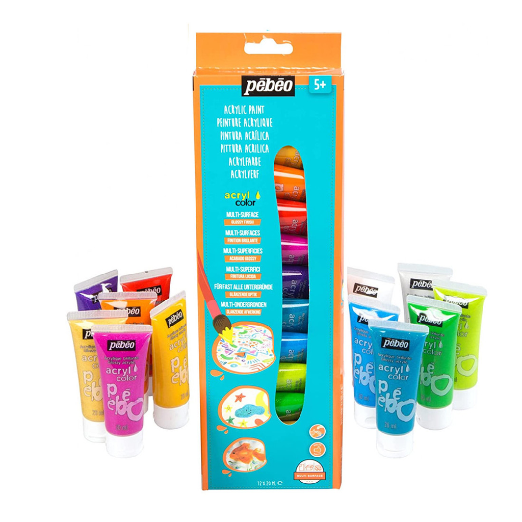 Set 12 Peintures Acrylique Enfant, Paillettes - Pébéo.