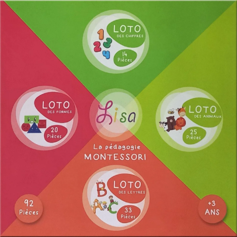 Grand Loto 4en1 Chiffres Lettres Formes et Animaux - Lisa Toys.
