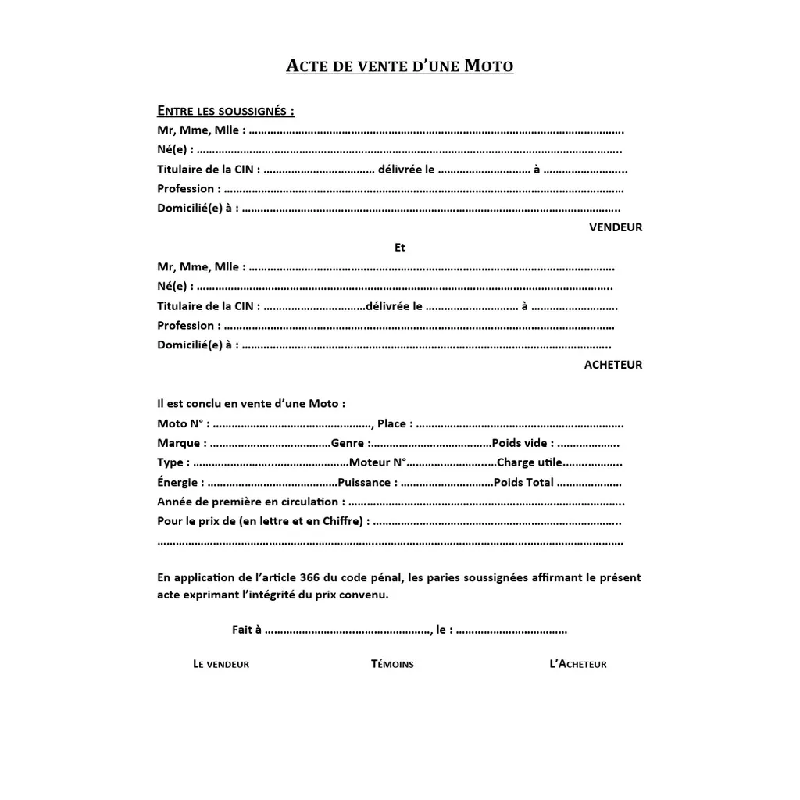 CONTRAT DE VENTE DE MOTO.