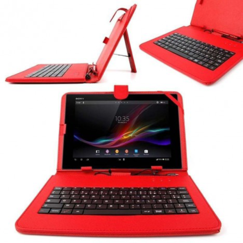 Étui rouge avec clavier pour tablette.