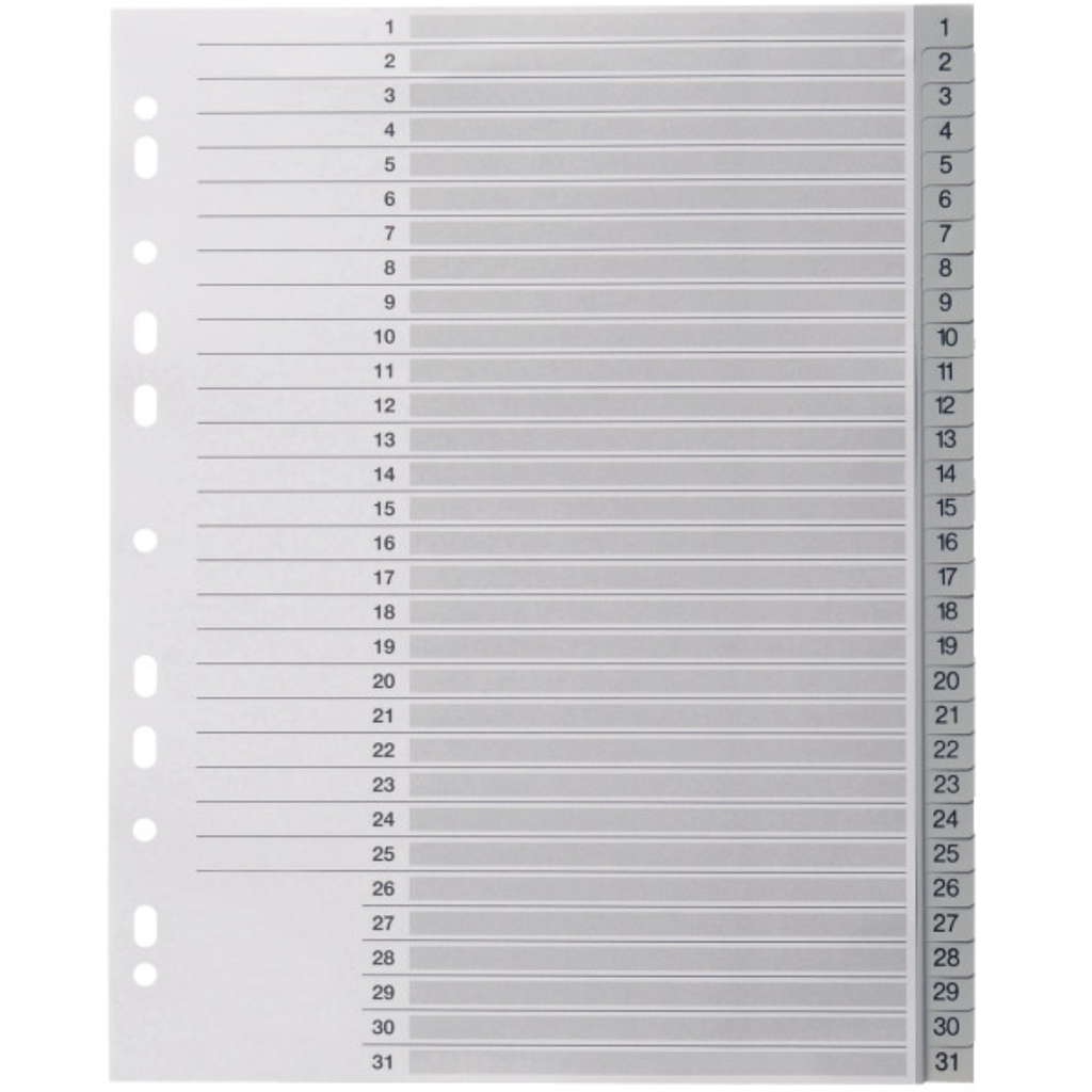 Jeu de 31 Intercalaires Numérique A4 en PP GreySplit – Gris.