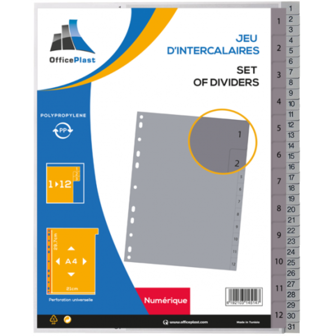 Jeu de 12 Intercalaires Numérique A4 en PP GreySplit – Gris.