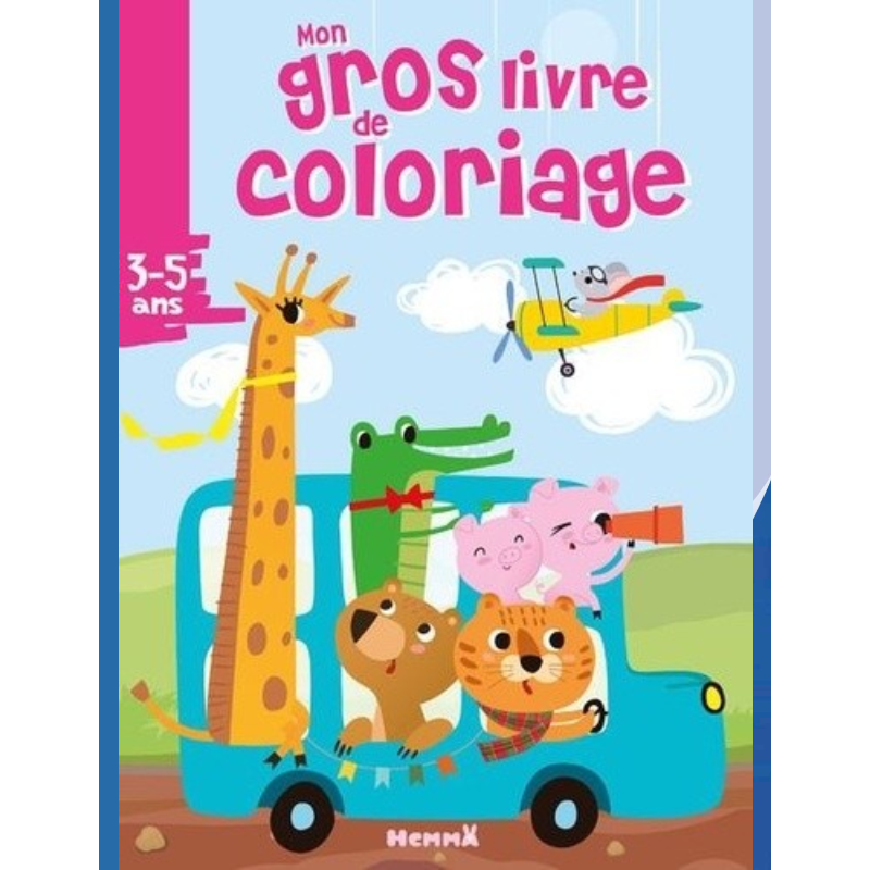 Mon gros livre de coloriage – Autobus bleu et animaux.