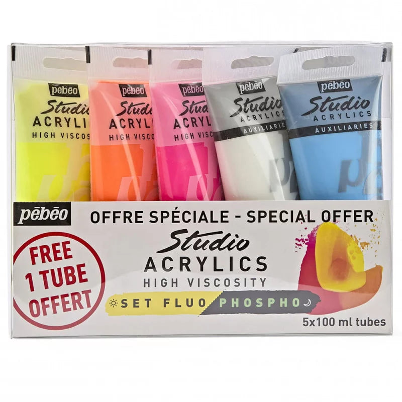 Coffret Acrylique Studio, 3 Fluo + 2 Phospho - Pébéo