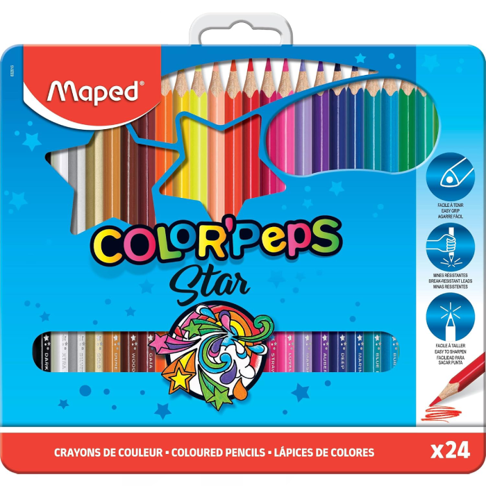 Maped - Crayons de Couleurs Color'Peps Boîte Métallique de 24 Couleurs.