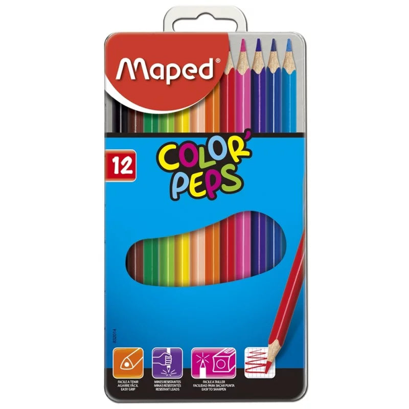 Maped - Crayons Couleurs Color'Peps, Boîte Métallique de 12.