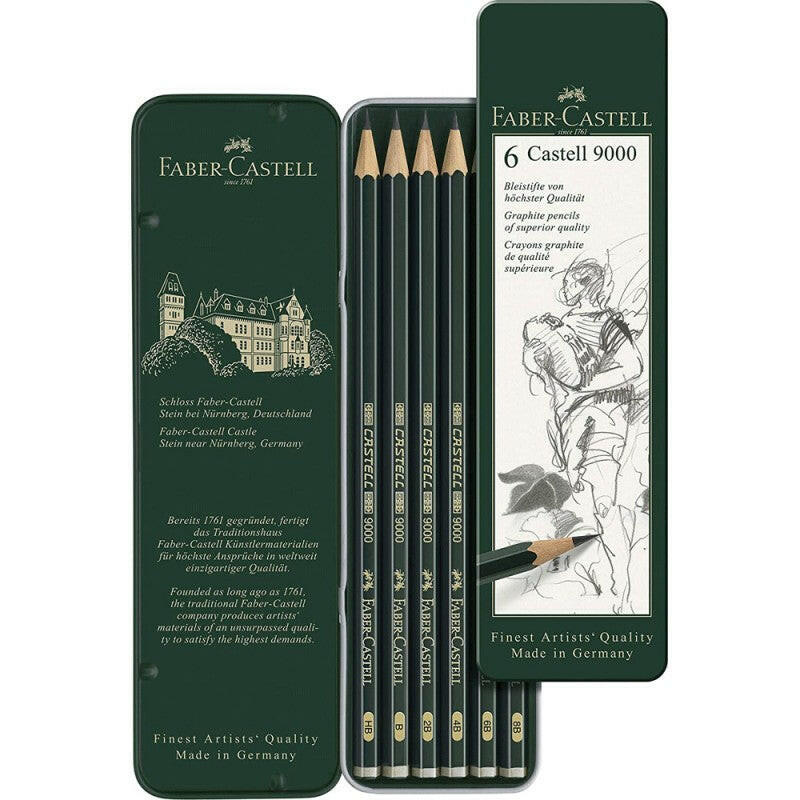 Crayons Graphite Castell 9000, Boite Métal 6pcs - Faber-Castell.