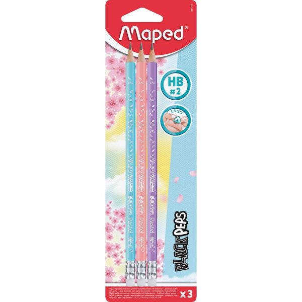 Maped - 3 Crayons Noir avec Gomme Pastel HB2