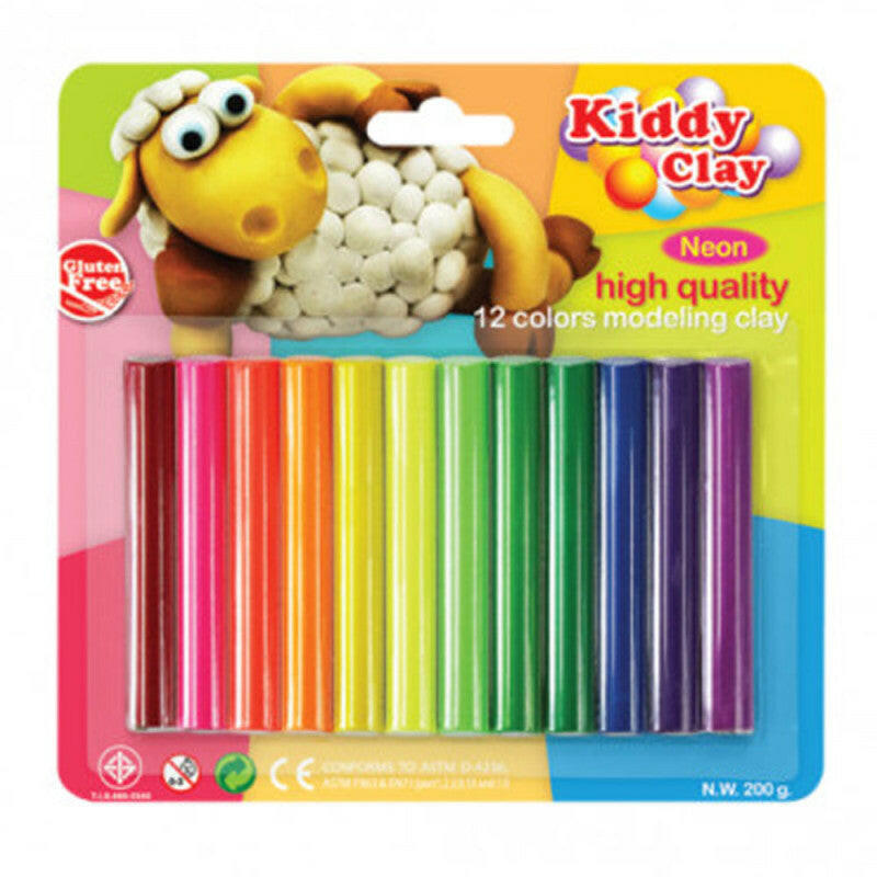 Set de 12 Pâtes à Modeler Néon 200 gr, Kiddy Clay - Réf.ST-200-12N.