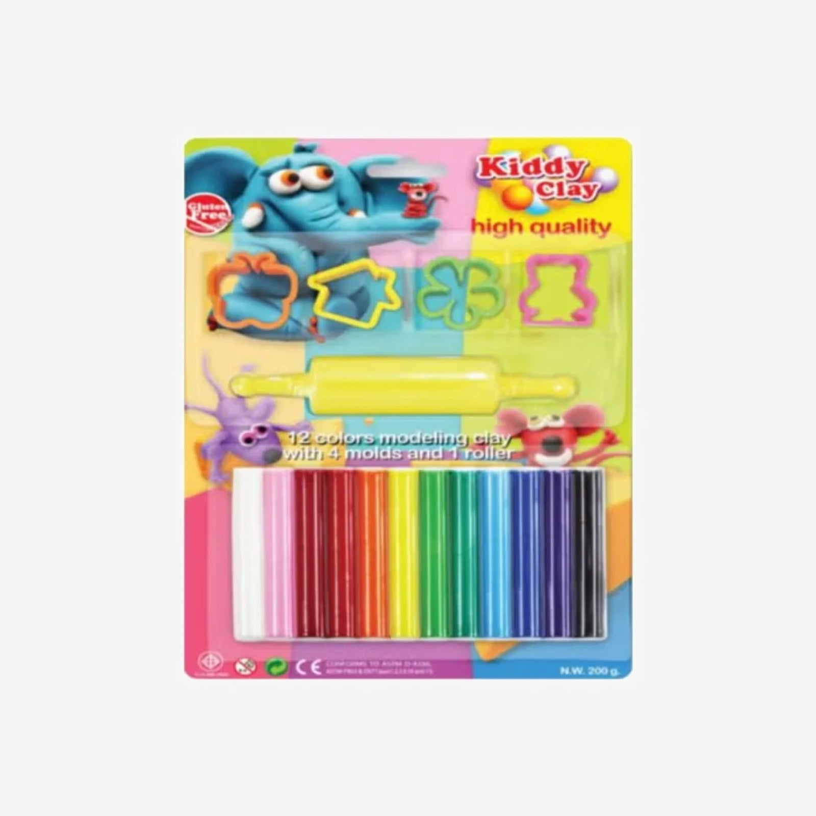 Pâte à Modeler Kiddy Clay de 12 Couleurs + Rouleau.